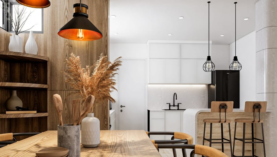 Rendered apartment kitchen and dining area with timber finishes