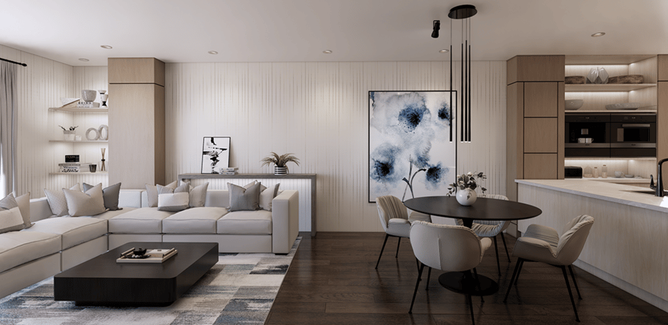 Rendered open-plan living, dining and kitchen interior
