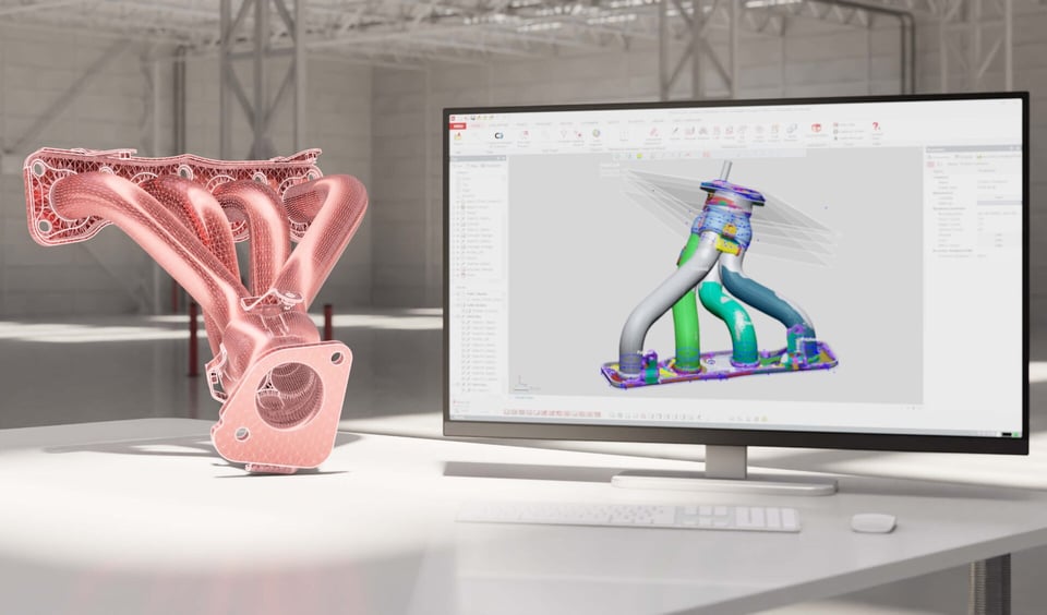 Reverse engineered exhaust manifold model open in Geomagic Design X