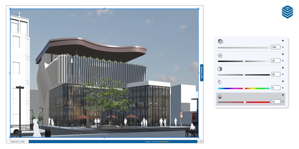 LayOut viewport of a rendered model with brightness, contrast and saturation sliders open beside it