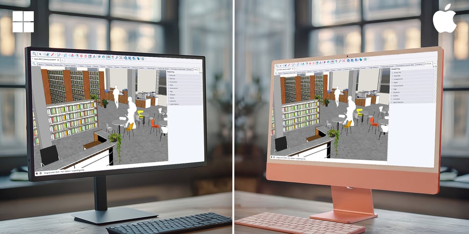 SketchUp 2027 open on a Windows monitor and a Mac monitor side by side, with matching toolbars and trays