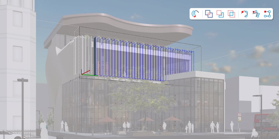 A row of facade blades arrayed along a curved path with Procedural Copy Along, the Procedures toolbar open on the left