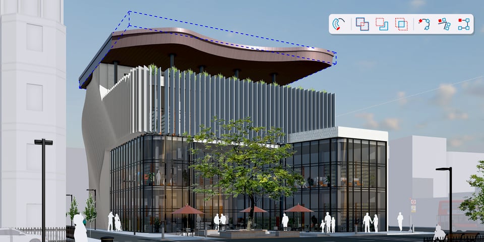 A library building in SketchUp 2027 with a dashed procedural bounding box around its curved roof and the Procedures toolbar
