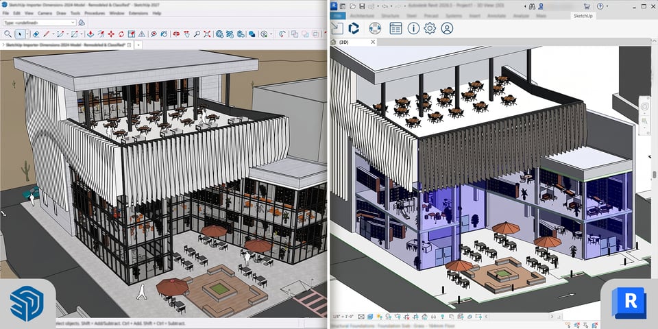 A building model open in SketchUp 2027 beside the same model in Revit, imported with the Revit Importer