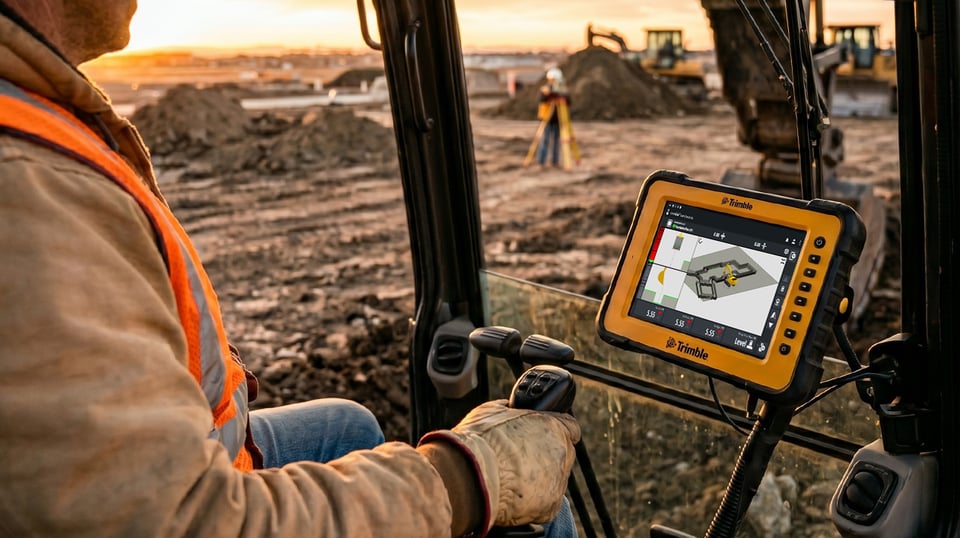 Excavator operator at sunset with a Trimble machine control tablet in the cab showing the site design, a surveyor working in the background