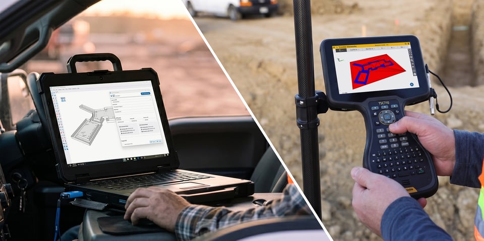 A Site Contractor model on a laptop in a truck beside a Trimble TSC710 controller on a survey pole in a trench, showing the same design in Siteworks