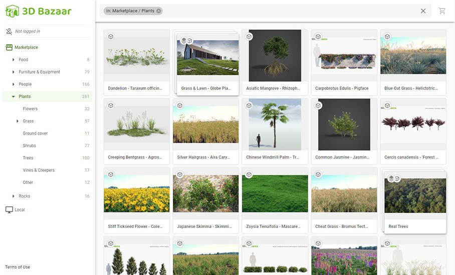Vegetation assets in the 3D Bazaar library bundled with Skatter