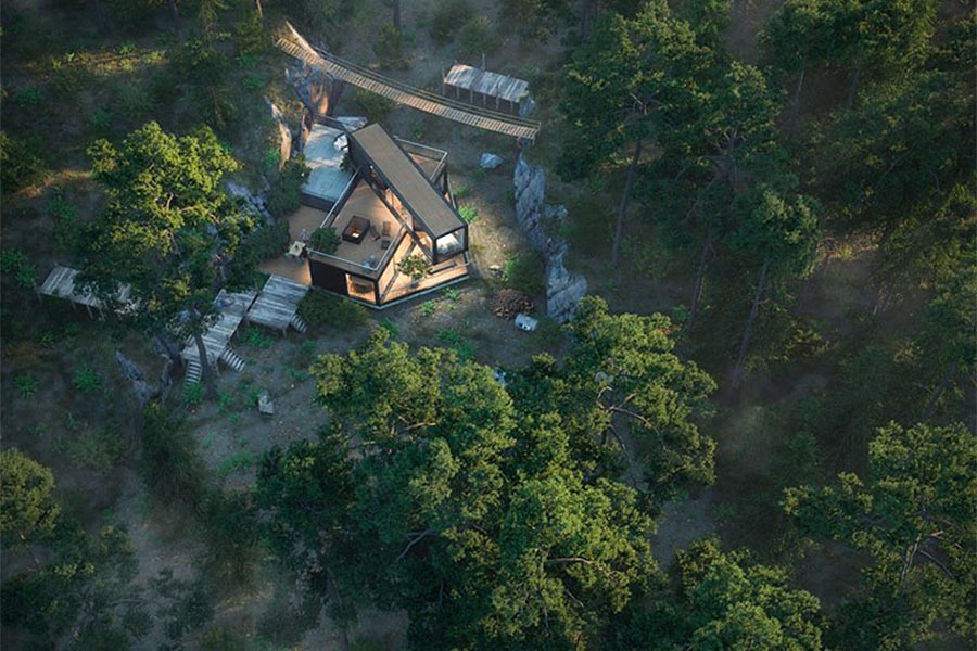 Aerial forest house render showing varied vegetation distributed with Skatter