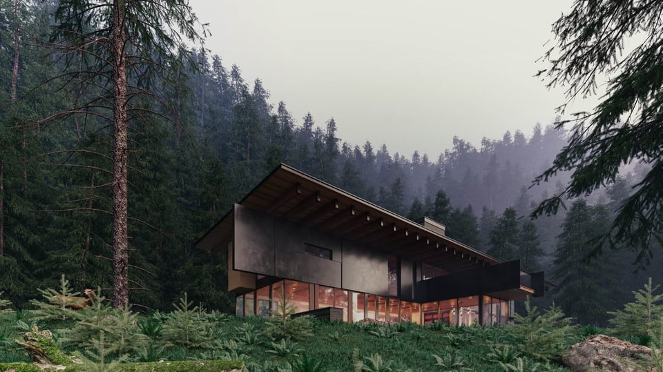 Forest lodge landscape rendered with vegetation scattered by Skatter 2