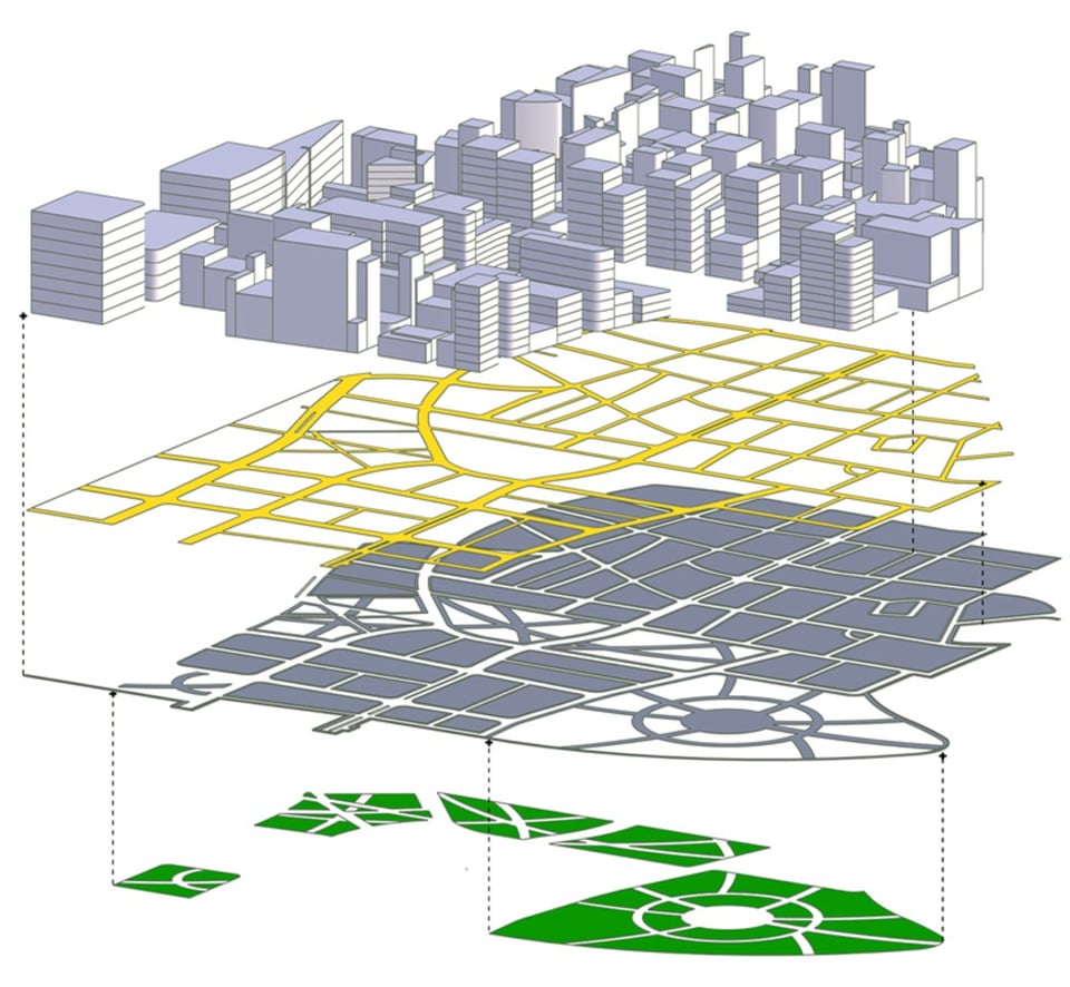 Exploded SketchUp model showing buildings, streets and green-space layers