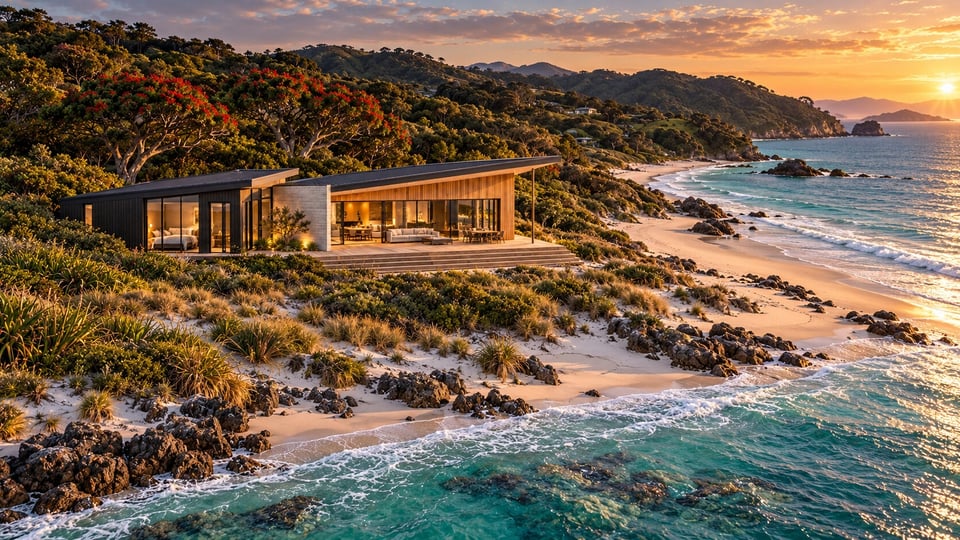 Aerial view of a beachfront home with low roof planes, a timber deck and native planting above a white-sand beach and reef