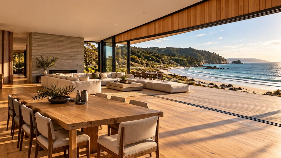 Open-plan dining and living area of a beachfront home with wide oak flooring, a board-formed concrete fireplace wall and sliding glass doors open to the deck and sea