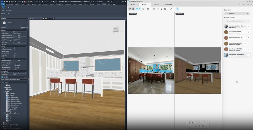 Veras Materials panel beside a Revit kitchen model, with Cosmos oak, paint and marble materials applied to the scene