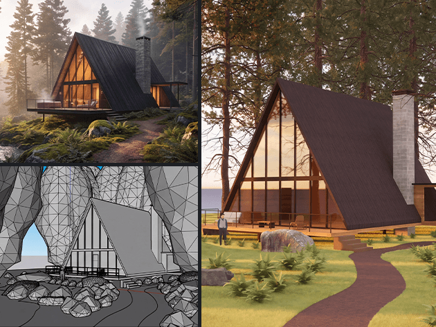 An A-frame cabin shown three ways: a photoreal rendering, a mesh of the scene and a finished model in its landscape