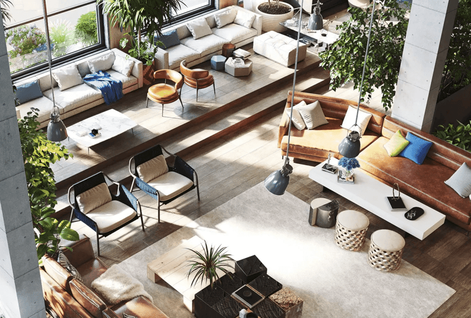 Sunlit lounge interior rendered with Chaos Corona