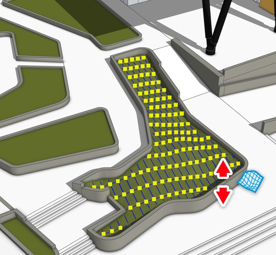 SketchUp terrain and planting bed being shaped with a mesh tool