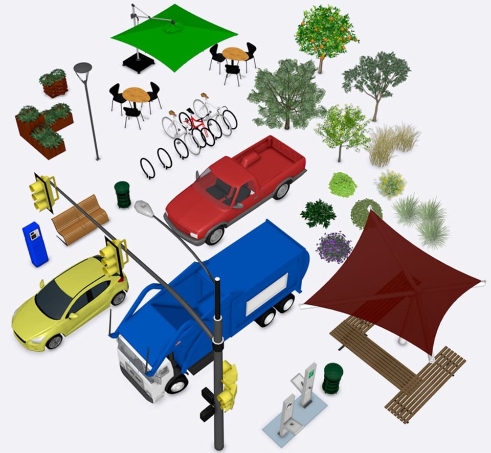 Library of trees, furniture, vehicles and site components for landscape modelling