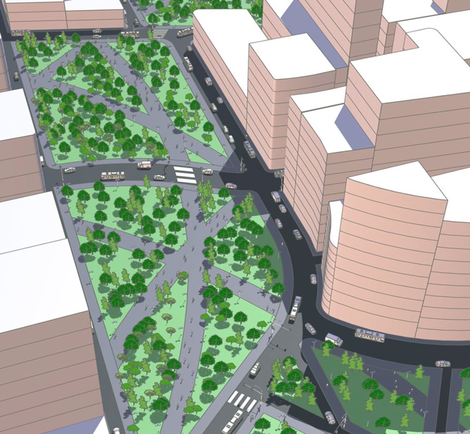 SketchUp masterplan of an urban park and surrounding development