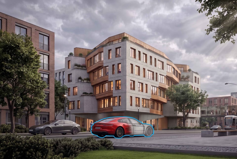 Veras presentation render of timber and concrete apartments with a highlighted red car in the foreground