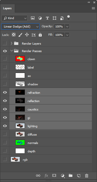 The pass layers with blending mode “Linear Dodge (Add)” in Photoshop