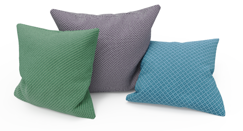 Three versions of the cloth material, showing twill, herringbone and diamond weave.