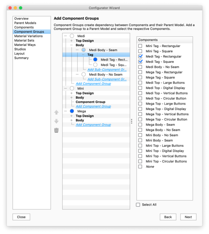 Configurator component groups