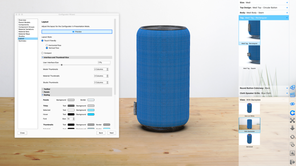 The Configurator Wizard enables you to style the presentation for KeyShot Viewer/Web Configurations