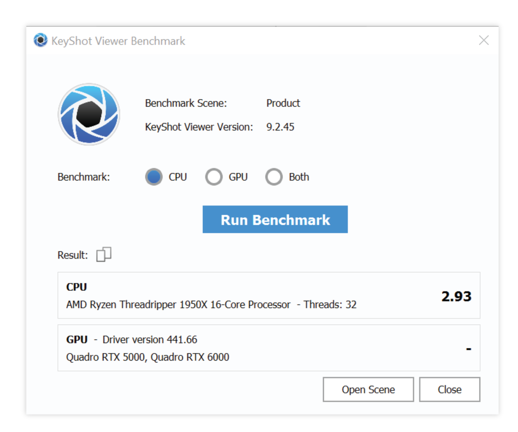 KeyShot Viewer Benchmark window depicting CPU benchmark results.