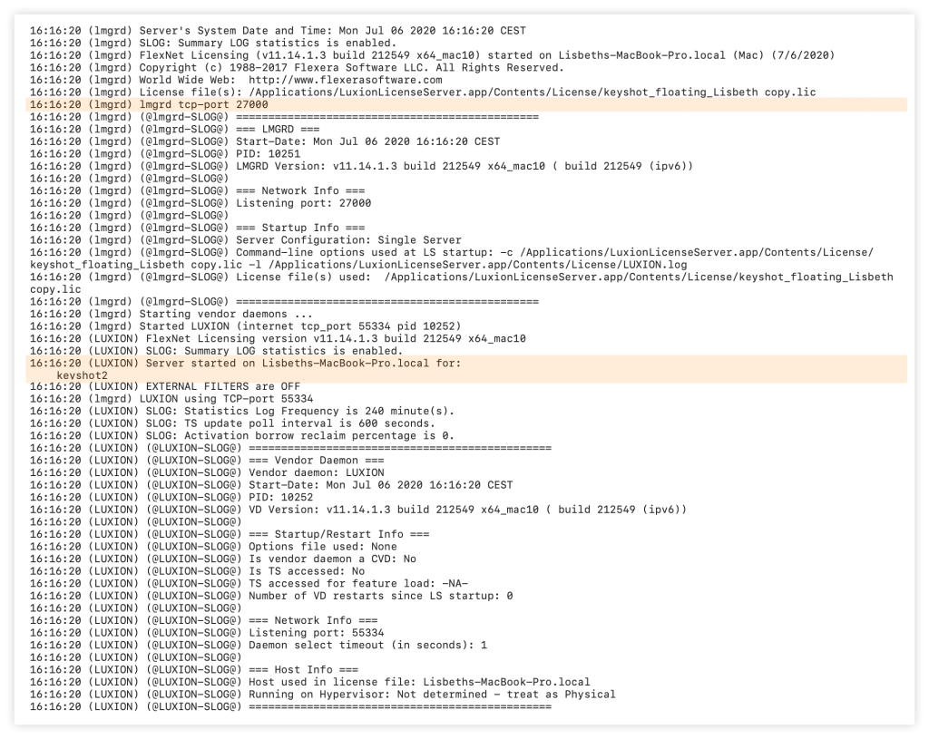 License server log: The highlighted sections show the port and server name.