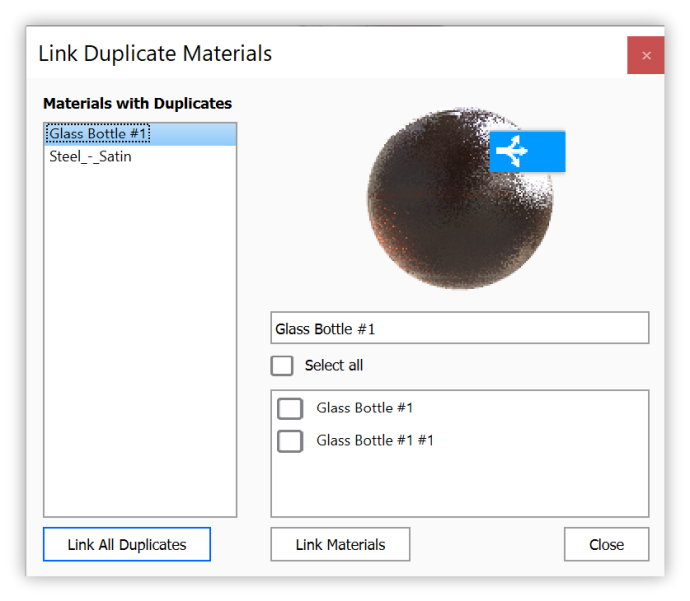 Link duplicate materials dialog