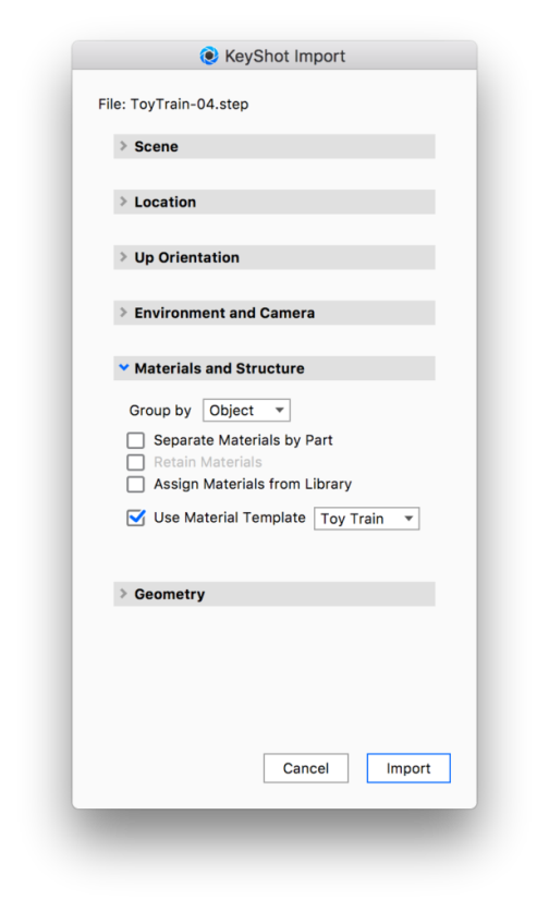 Material template on import