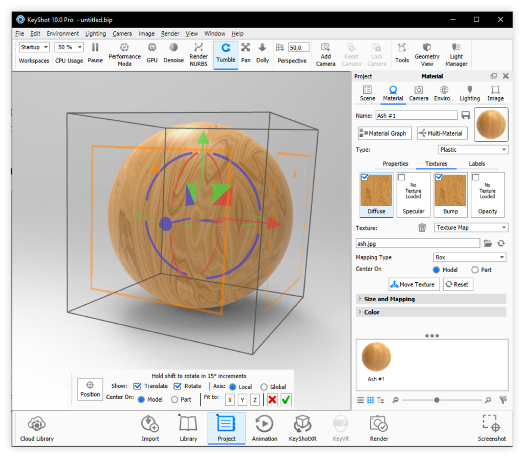 Move texture tool. The Orange squares on the faces of the box are representing the UV coordinates, which can be controlled in the Size and Mapping section.