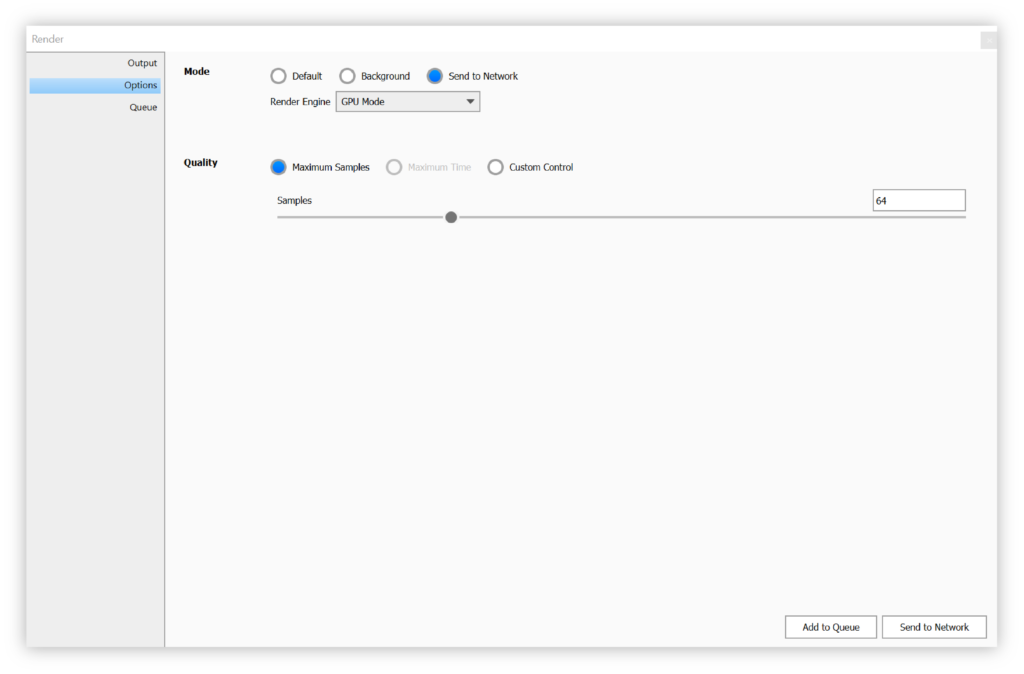 Render, Options is open and GPU mode is selected in the Render Engine section.