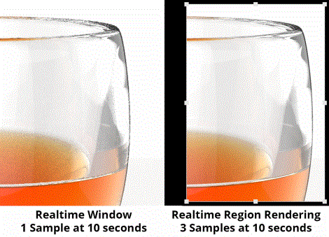 Side-by-side comparison of a layered glass material with and without enabling Real-time Region Rendering below. In this example, the Region render image resolves 300% faster.