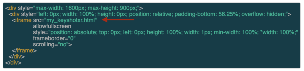 The instructions.html includes a code preview of the iframe used for embedding the XR.